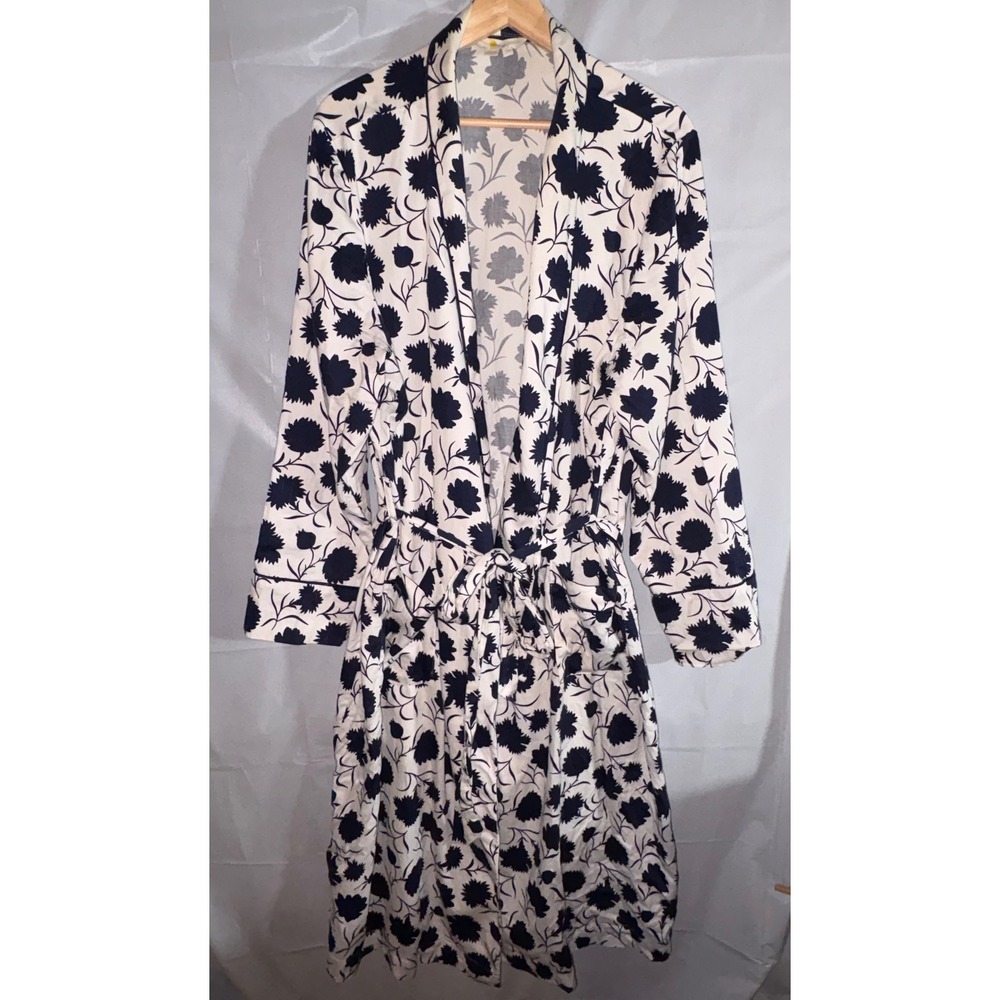 Boden Womens XL Cotton Floral Robe Navy White Long Sleeve Belted T0682